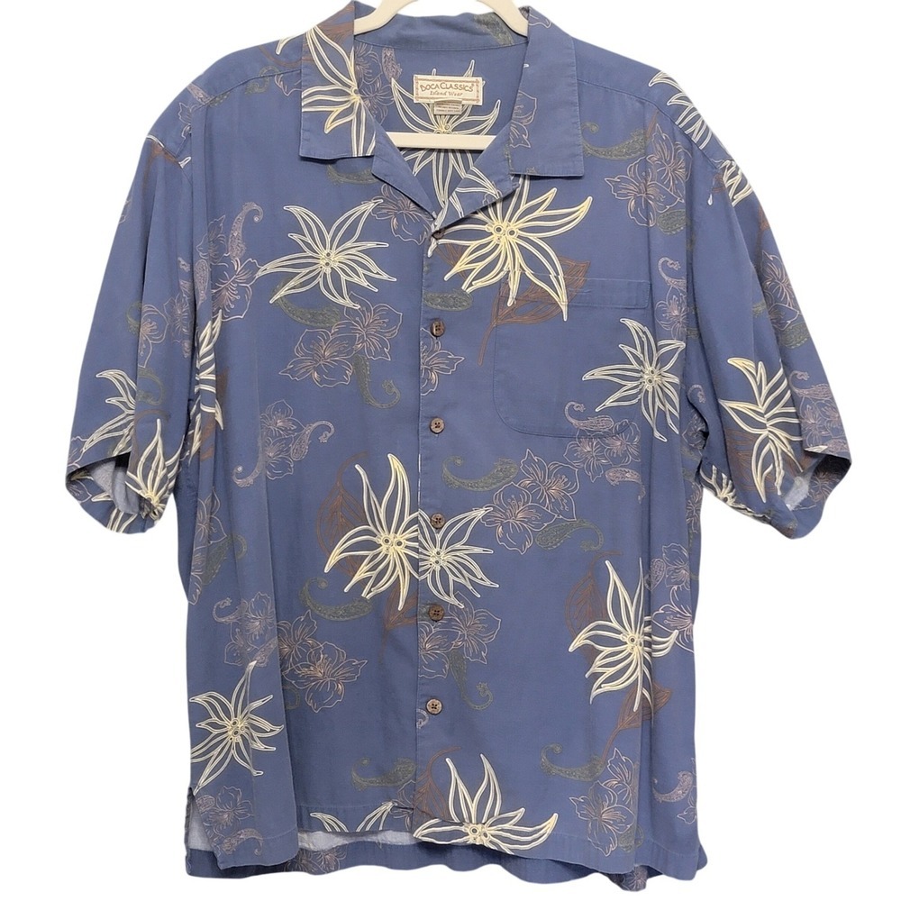 Boca Classics Mens Tropical Hawaiian Shirt Cotton Bamboo Botanical Blue 2XL